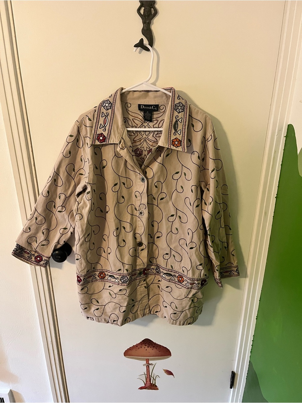Vintage Denim&Co Tan Embroidered Jean Jacket with Floral and Vine Print